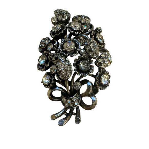 Vintage Hollycraft Rhinestone Floral Bouquet Brooch Pin Silver Tone Circa 1953 - Picture 1 of 6